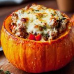 Gefüllter Kürbis mit Fleisch, Champignons, Paprika und Käse aus dem Ofen