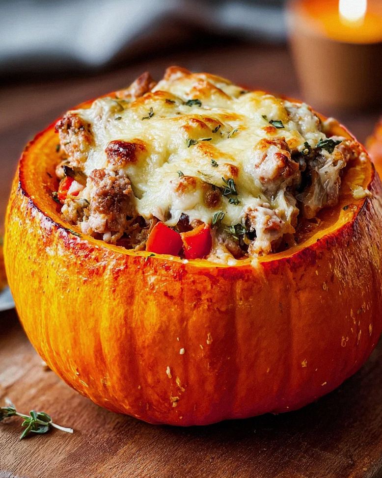 Gefüllter Kürbis mit Fleisch, Champignons, Paprika und Käse aus dem Ofen
