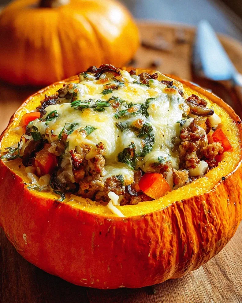 Gefüllter Kürbis mit Fleisch, Champignons, Paprika und Käse aus dem Ofen – Schritt 2