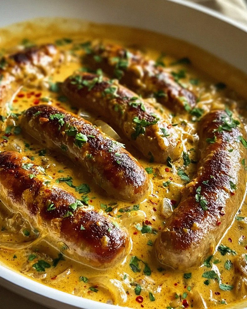 Herzhafte Hähnchenbratwurst in Zwiebel Curry Sahnesauce genießen