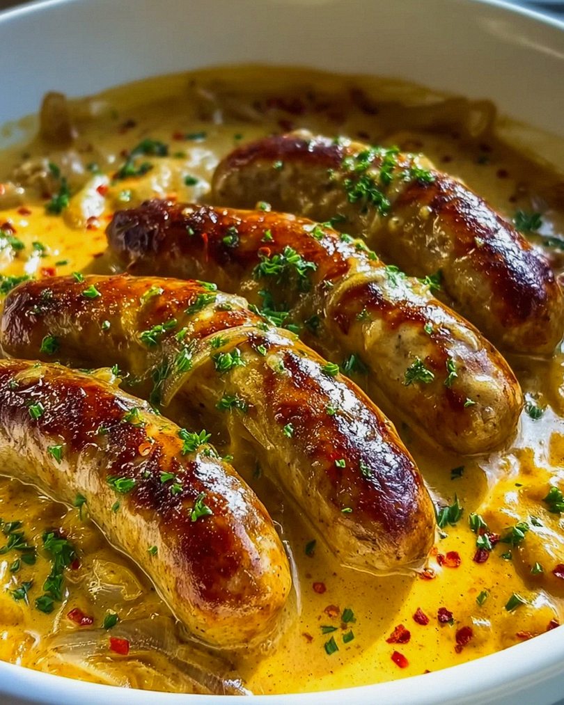 Herzhafte Hähnchenbratwurst in Zwiebel Curry Sahnesauce genießen – Schritt 2
