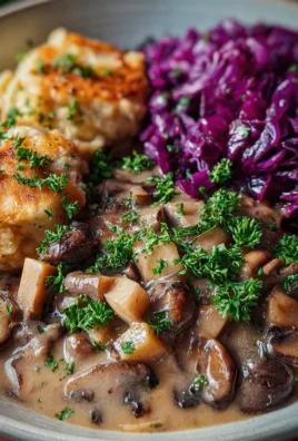 Pilz-Maronen Ragout mit Ofenknödeln und Rotkraut