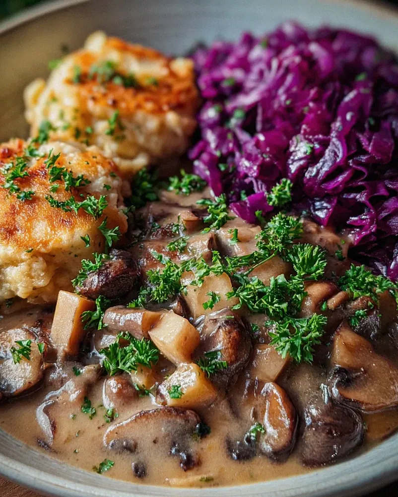 Pilz-Maronen Ragout mit Ofenknödeln und Rotkraut