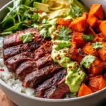 Steak und Süßkartoffel-Bowls mit Avocado-Koriander-Drizzle