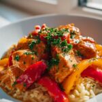 Überbackenes Paprika Sahne Hähnchen mit Orzo und Käse Rezept