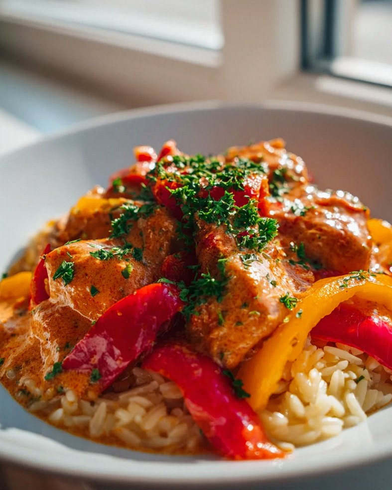 Überbackenes Paprika Sahne Hähnchen mit Orzo und Käse Rezept