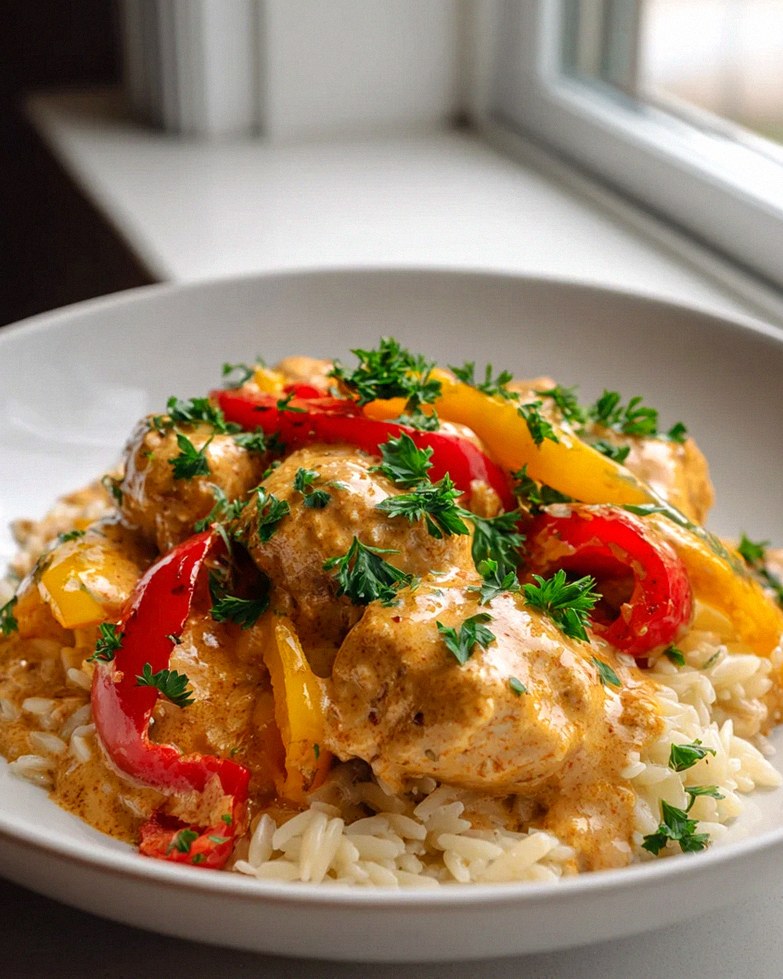 Überbackenes Paprika Sahne Hähnchen mit Orzo und Käse Rezept – Schritt 2